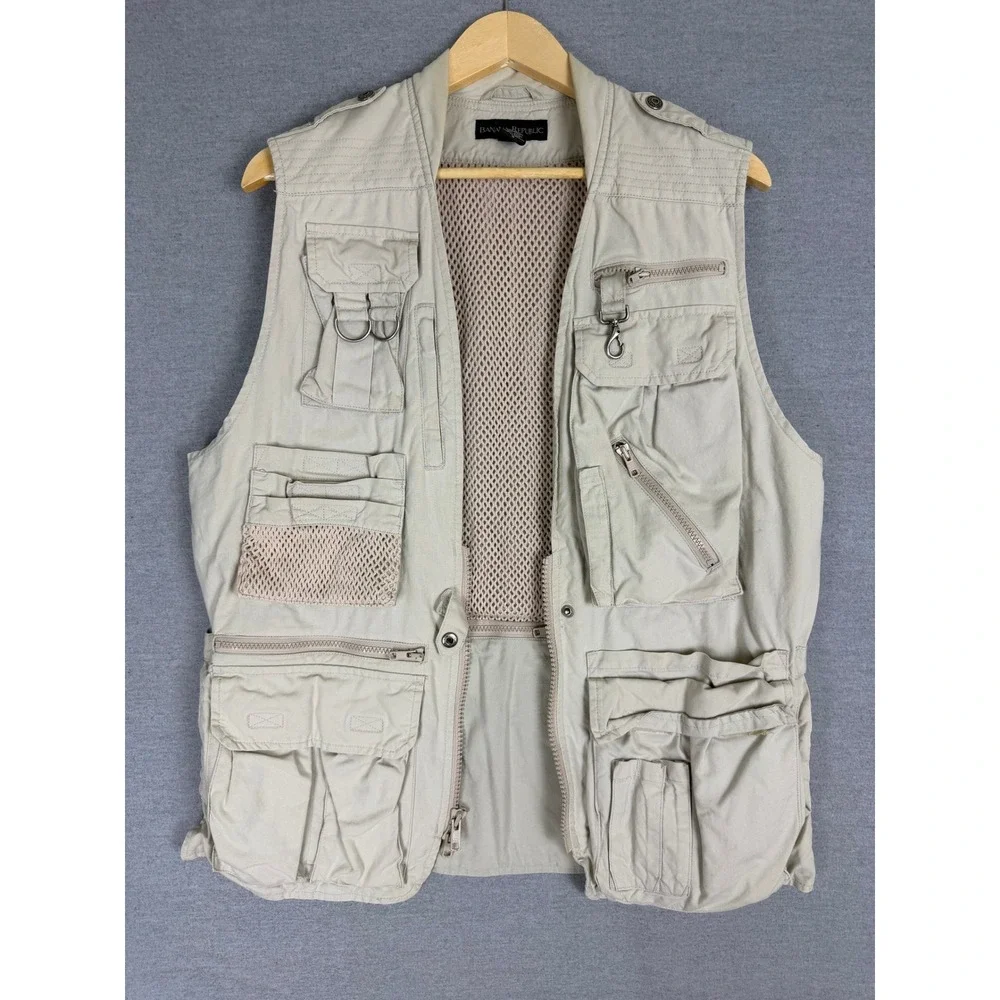 Banana Republic Vintage Photo Journalist Utility Vest Khaki Cotton Mens fits L